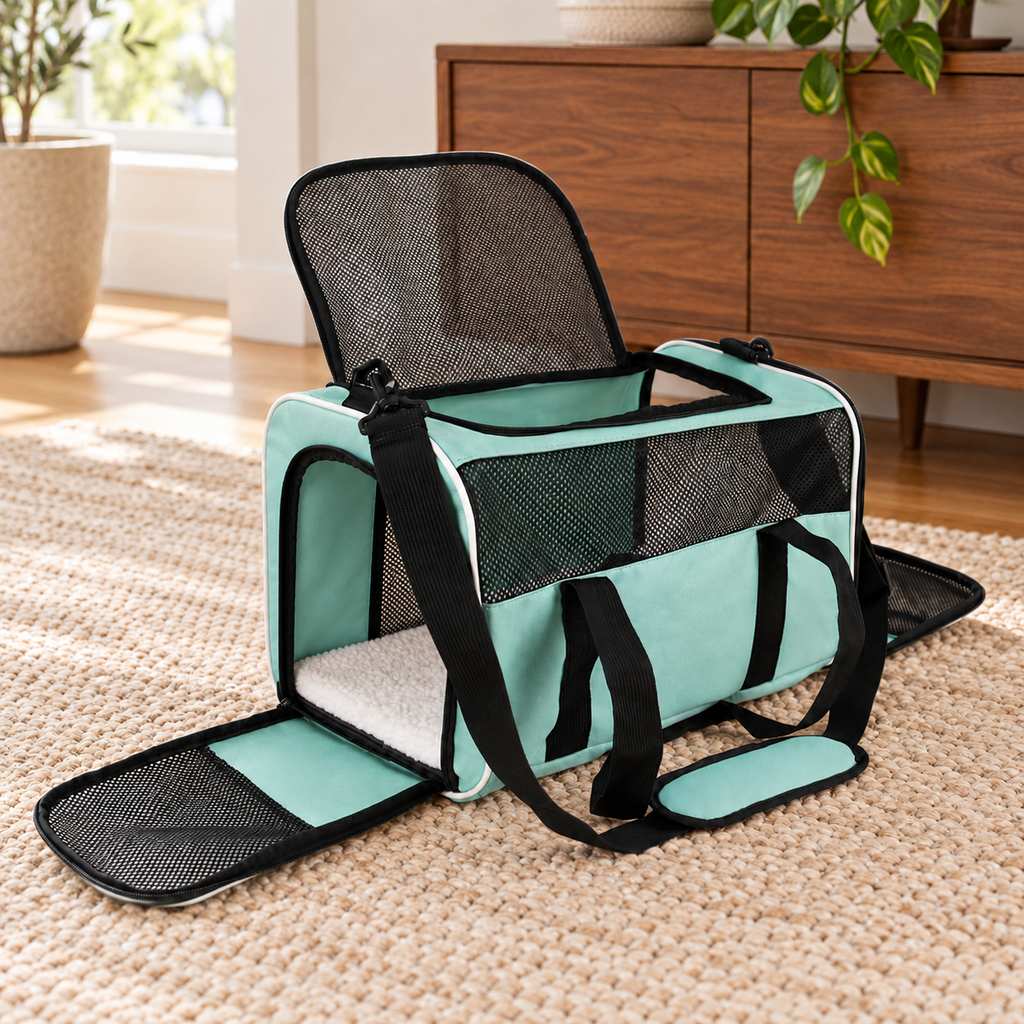 mint green carrier with white piping and solid mint lower side panel – empty product view