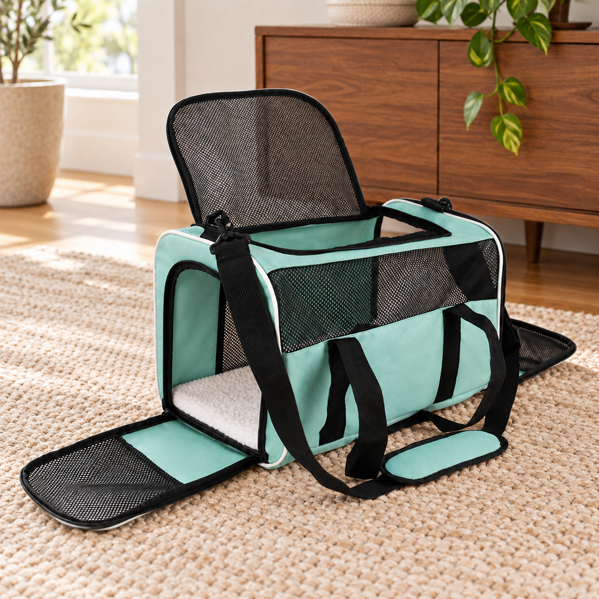 mint green carrier with white piping and solid mint lower side panel – empty product view