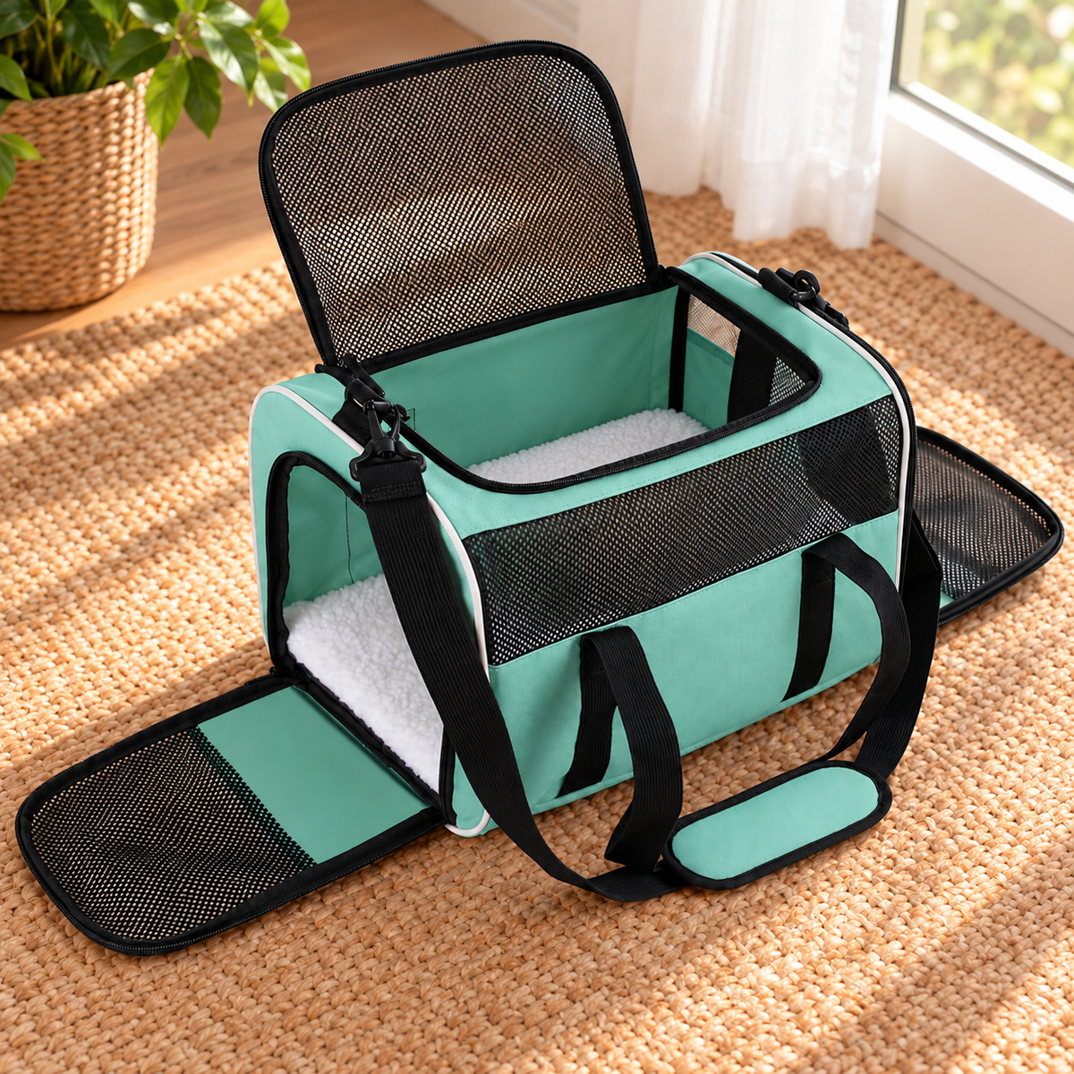 mint green carrier with white piping and solid mint lower side panel – empty product view