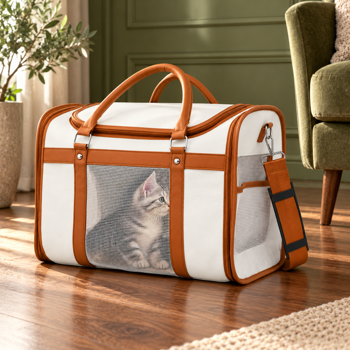 Silver tabby kitten inside an ivory carrier with caramel trim