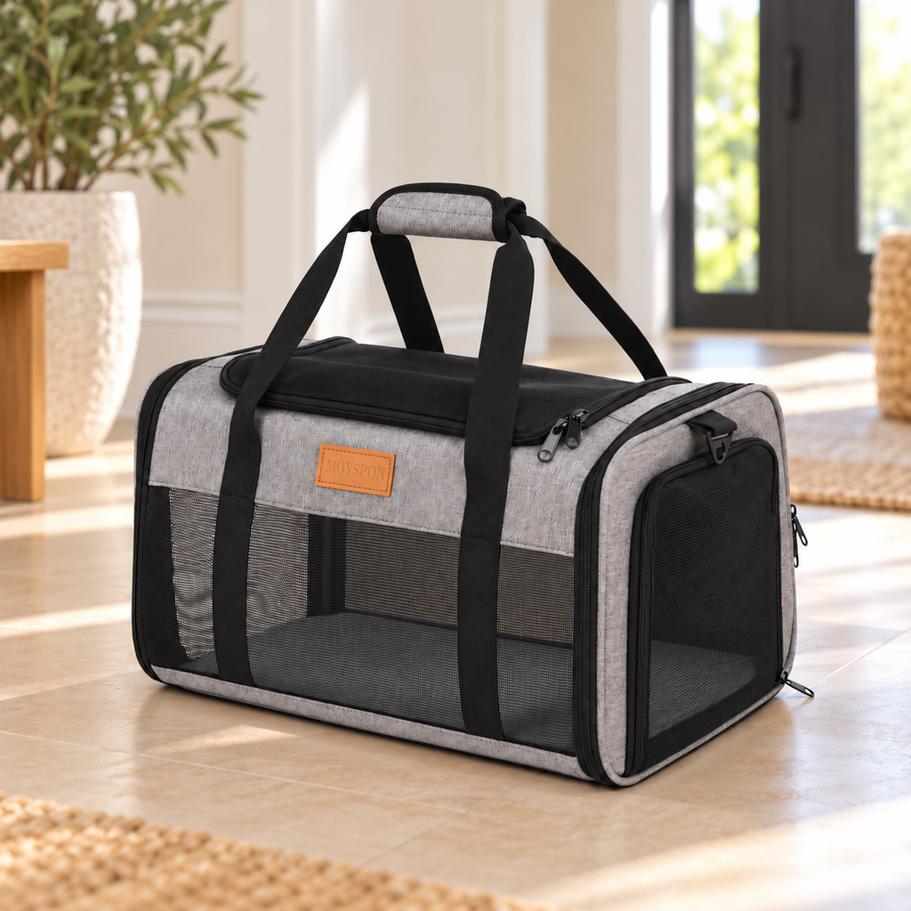 heather grey MOYSPON carrier with separate grey rectangular portable litter tray – empty product view