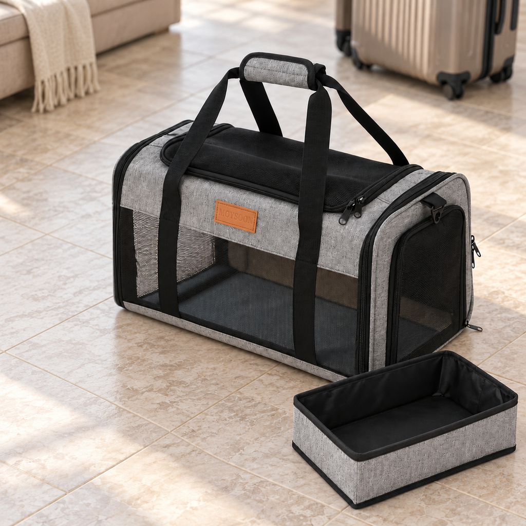 heather grey MOYSPON carrier with separate grey rectangular portable litter tray – empty product view