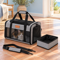 Calico cat inside a grey carrier beside a travel litter tray