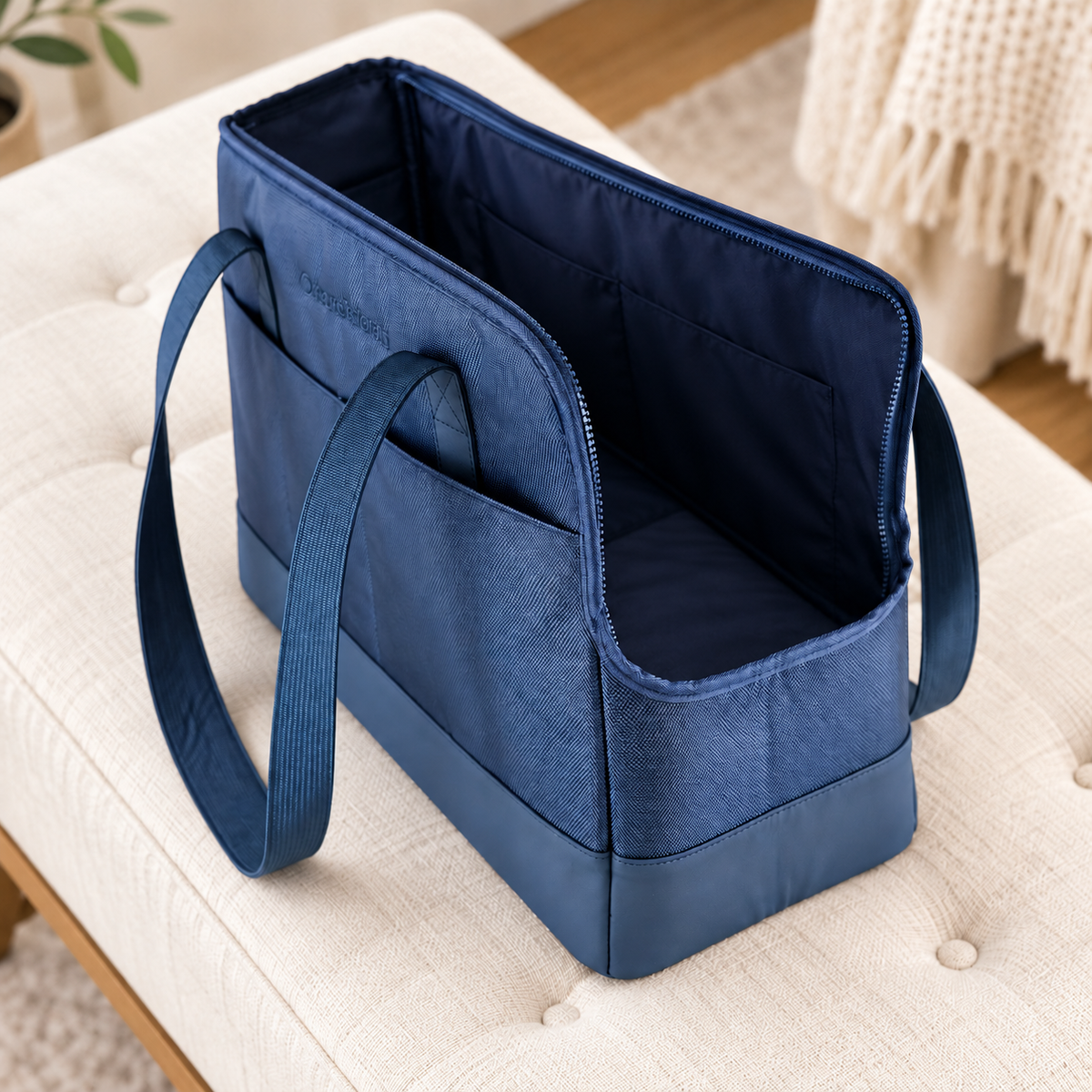 navy blue upright pet tote with low open end – empty product view