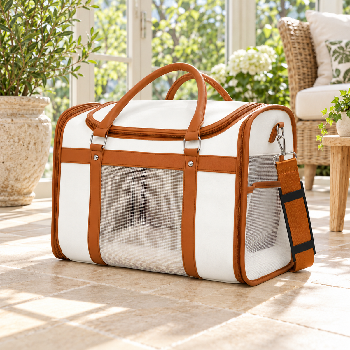 ivory white carrier with caramel trim and white mesh – empty product view