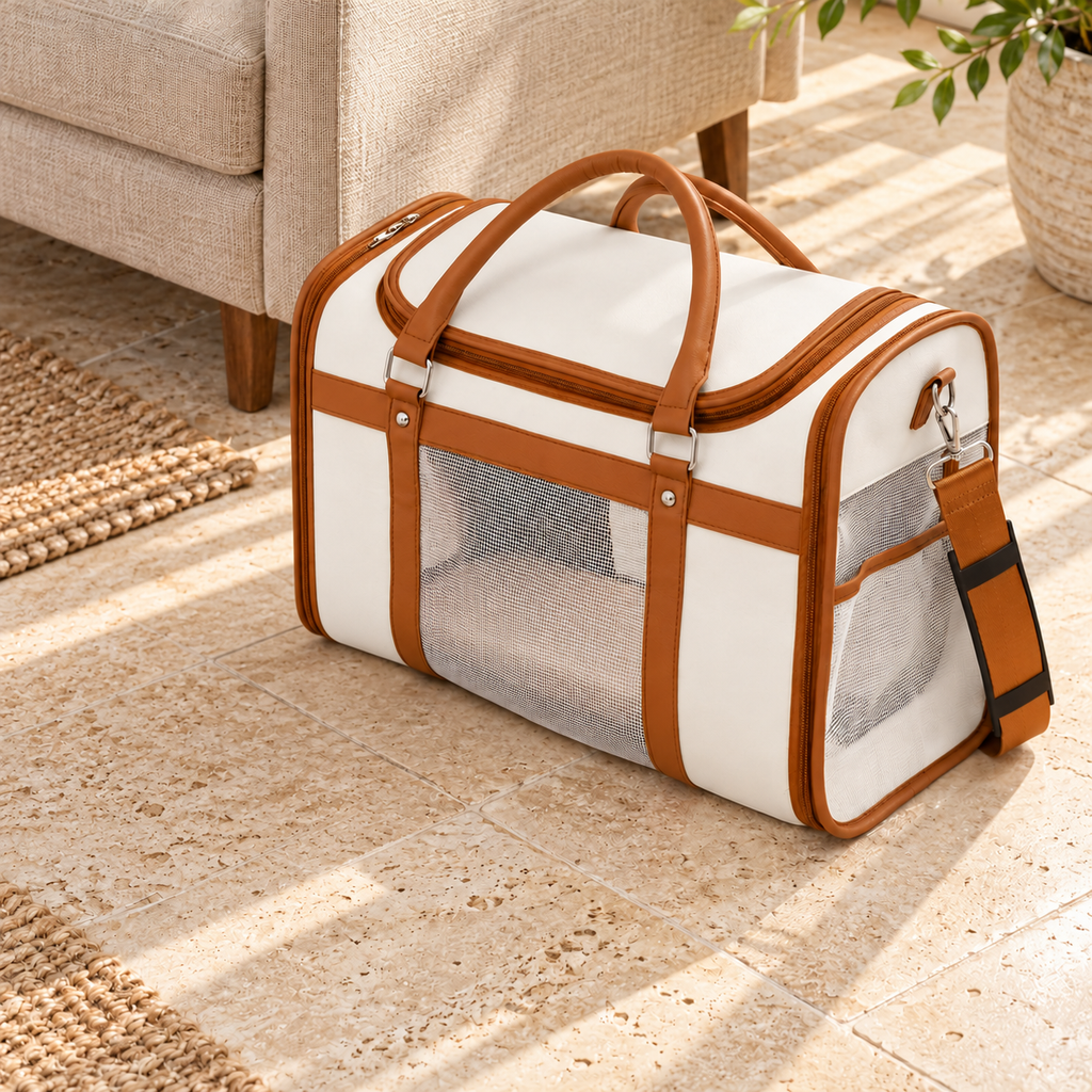 ivory white carrier with caramel trim and white mesh – empty product view