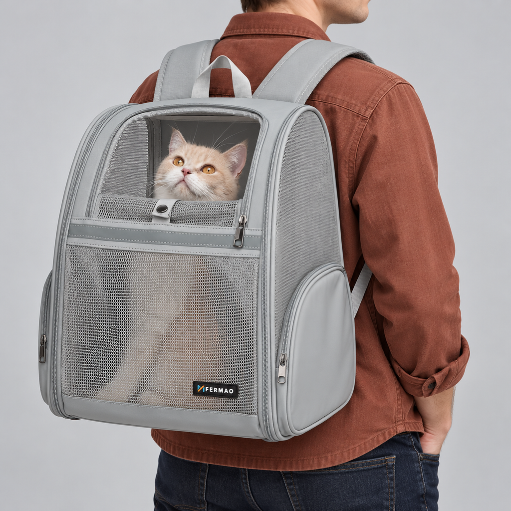 grey FERMAO mesh backpack – carried by model in studio