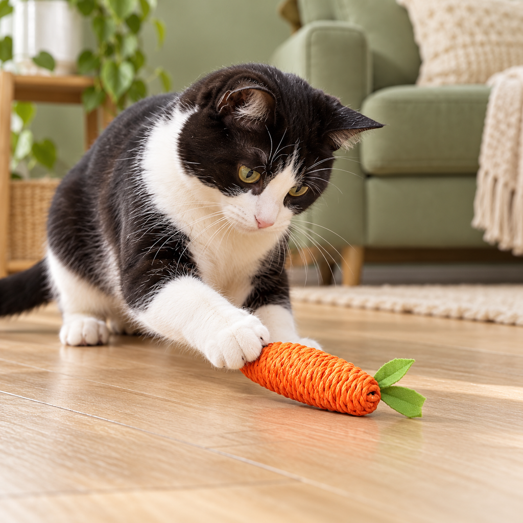 Cat batting a woven carrot toy in a sage living room