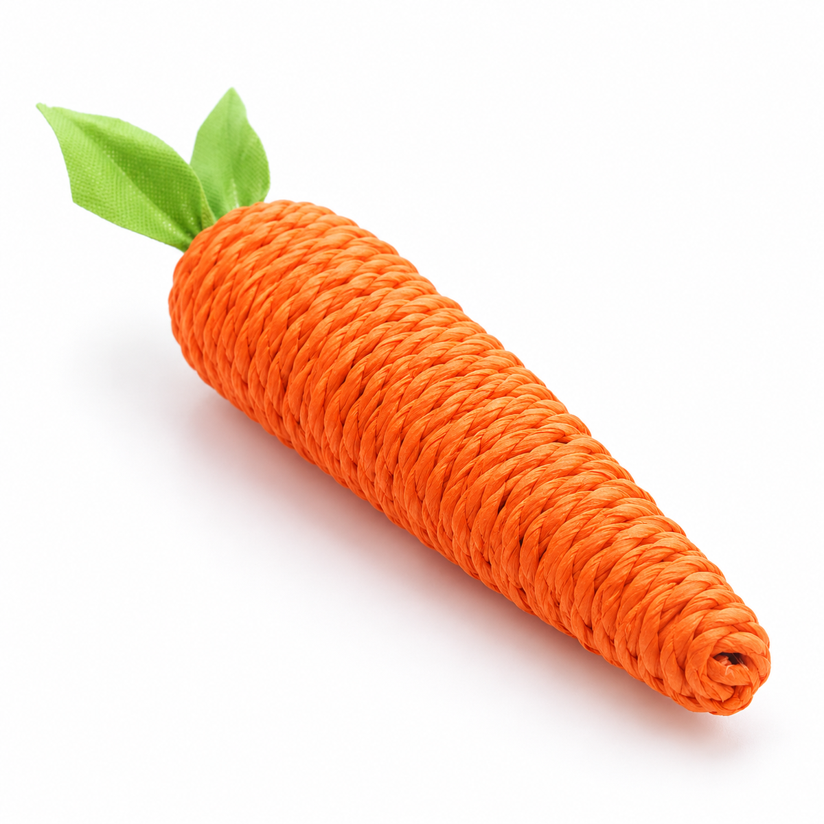 Small orange woven carrot cat toy on white