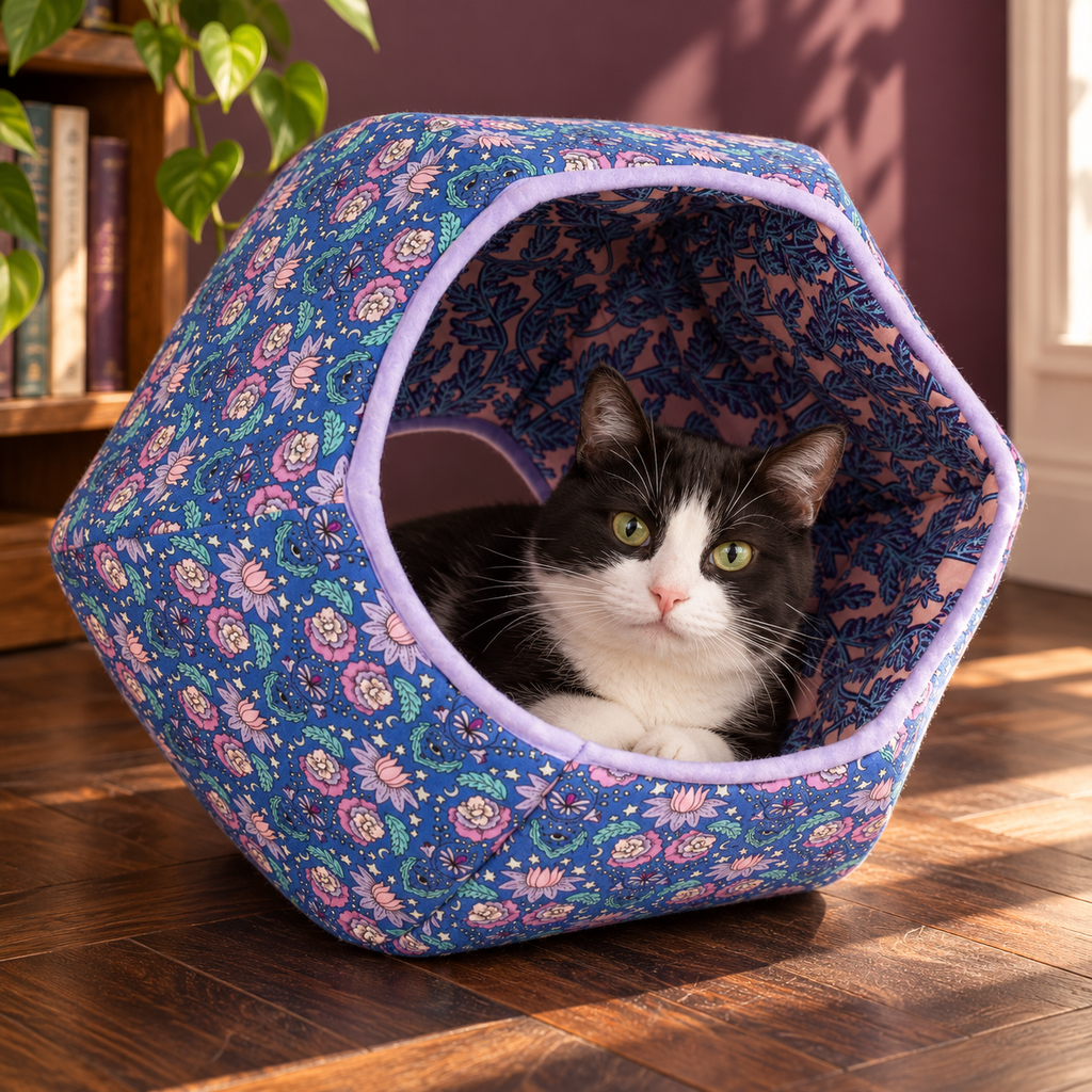 The Cat Ball Fabric Cat Cave – Mystic Floral – cat using the bed
