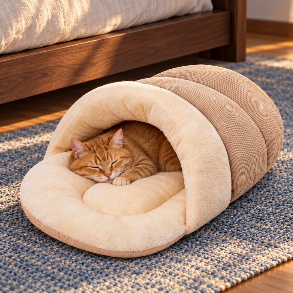 Jiupety Slipper Cat Cave Bed – Beige, Large – cat using the bed