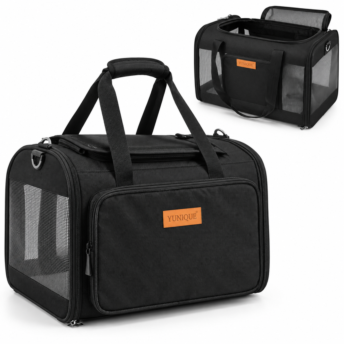 black YUNIQUE mesh carrier with LARGE OPAQUE BLACK CENTRAL FRONT POCKET – empty carrier detail