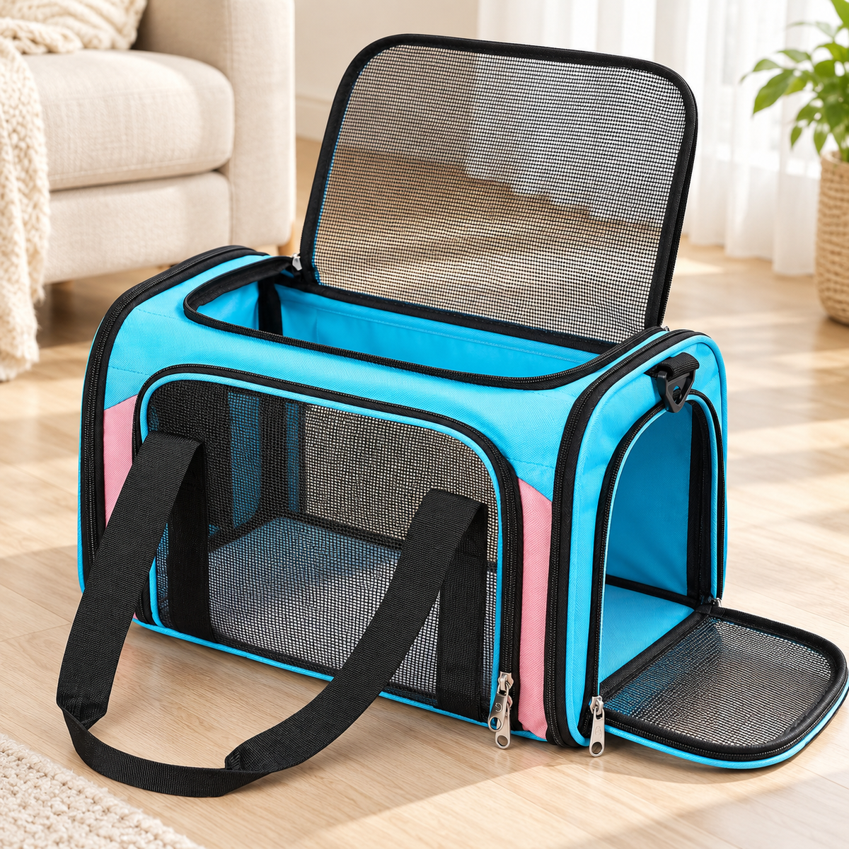cyan blue and pink mesh carrier – empty carrier detail