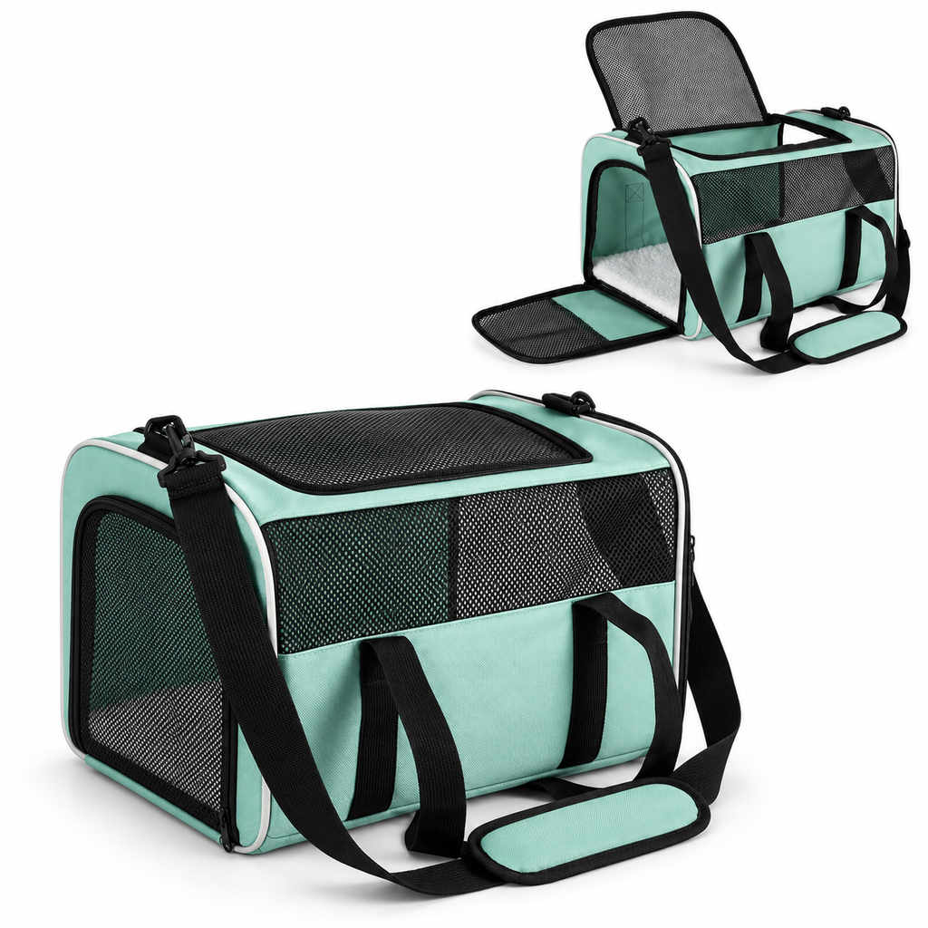 mint green carrier with white piping and solid mint lower side panel – empty carrier detail