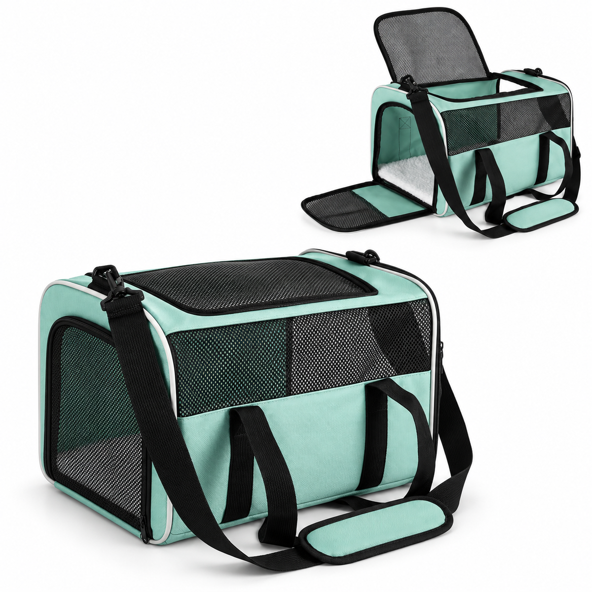 mint green carrier with white piping and solid mint lower side panel – empty carrier detail