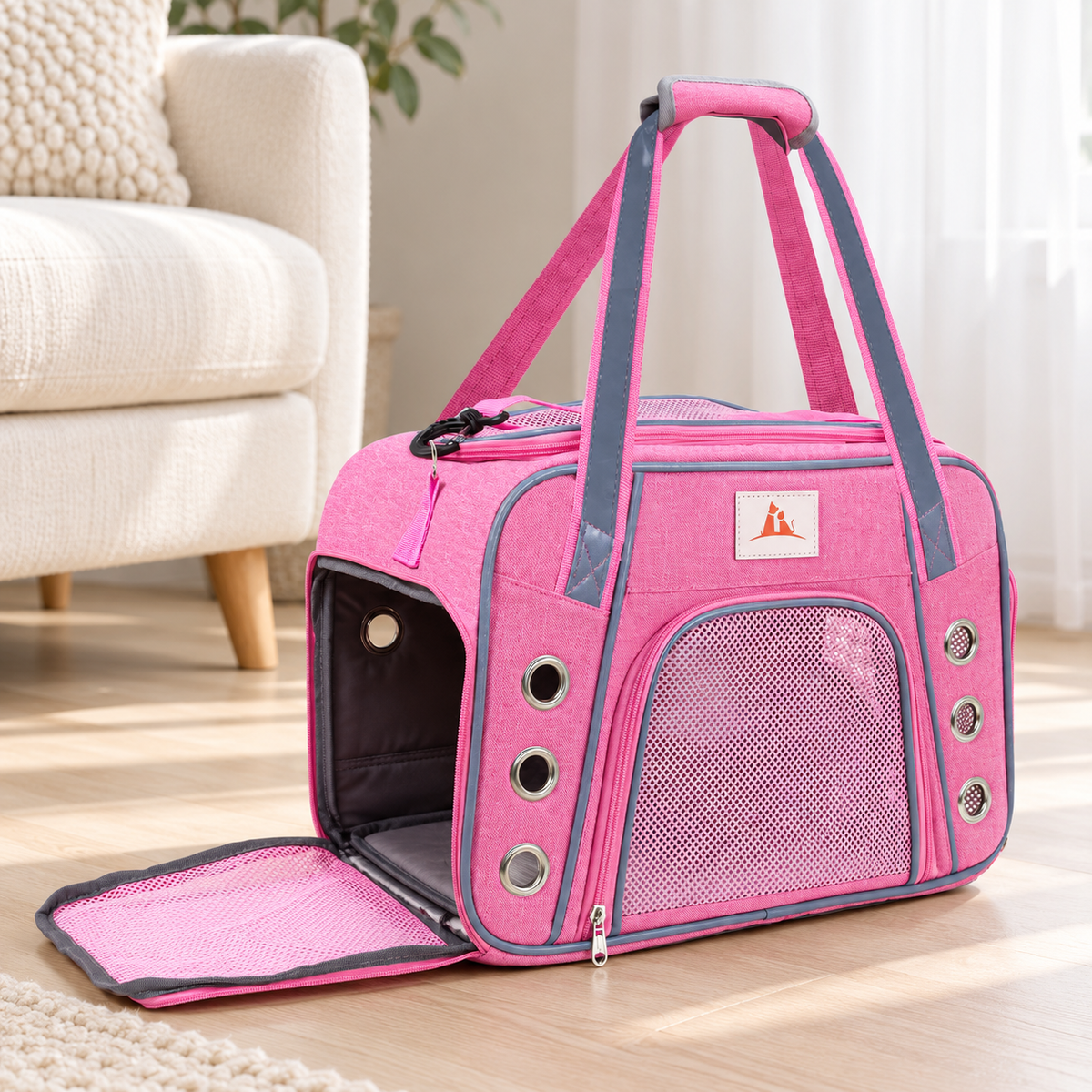 pink carrier with grey trim and circular metal ventilation holes – empty carrier detail