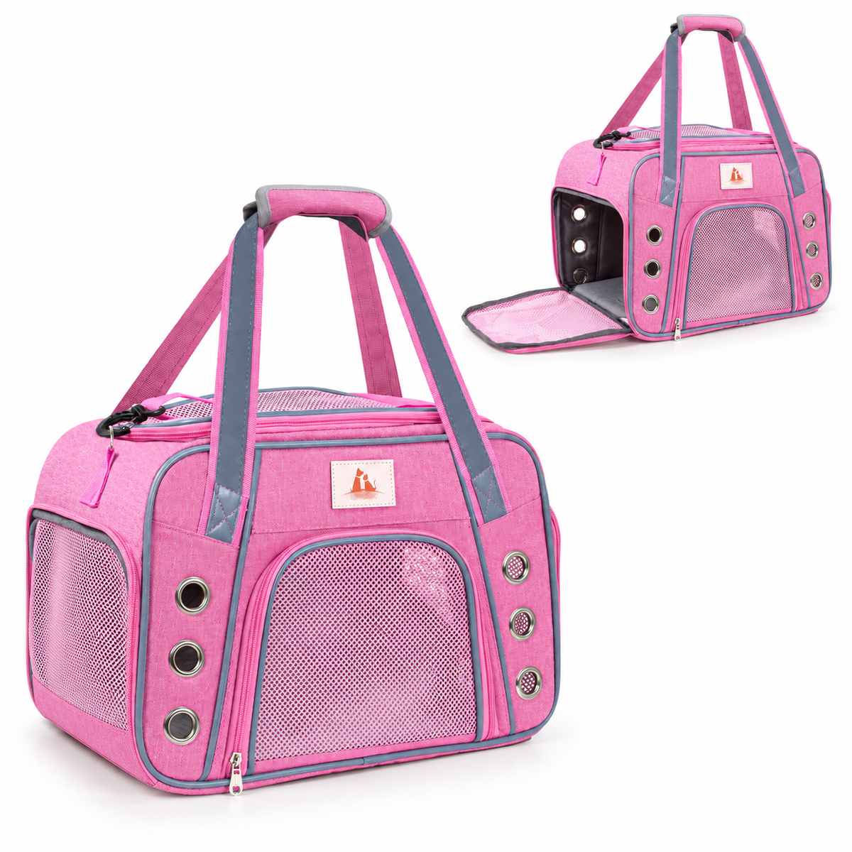 pink carrier with grey trim and circular metal ventilation holes – product view