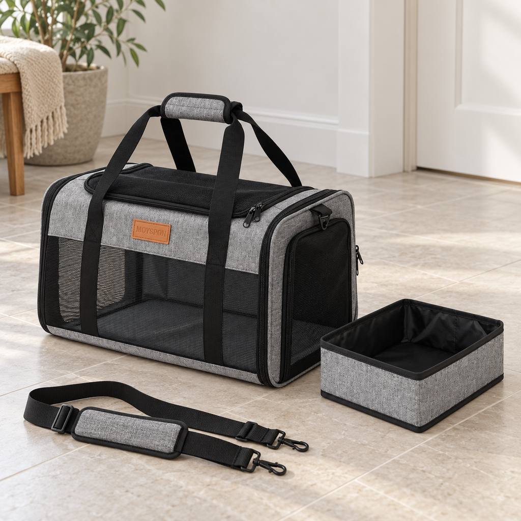 heather grey MOYSPON carrier with separate grey rectangular portable litter tray – product view