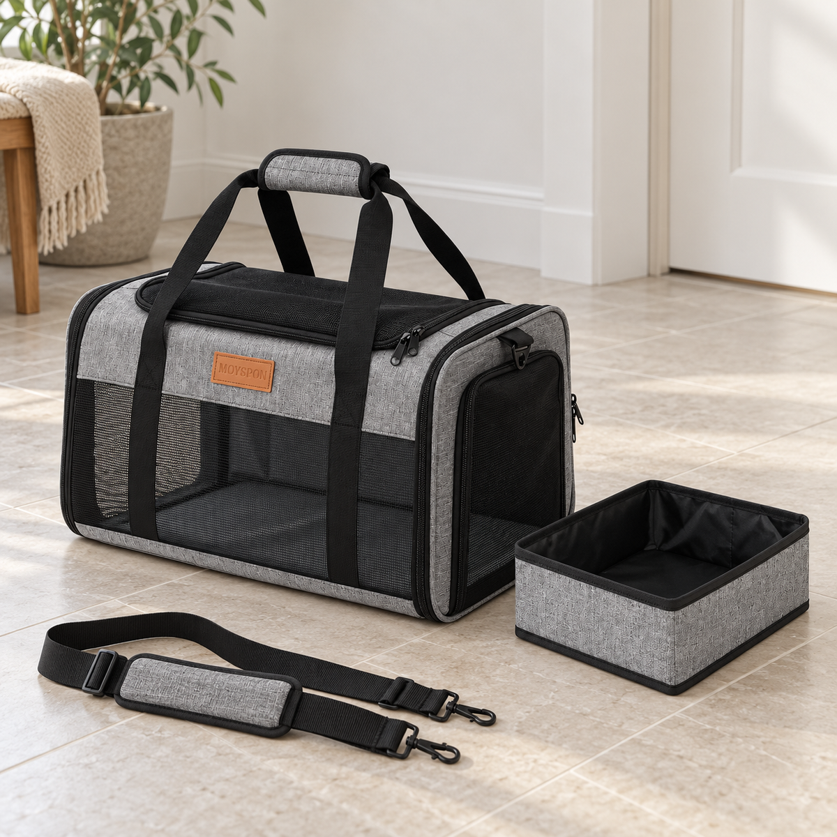 heather grey MOYSPON carrier with separate grey rectangular portable litter tray – product view