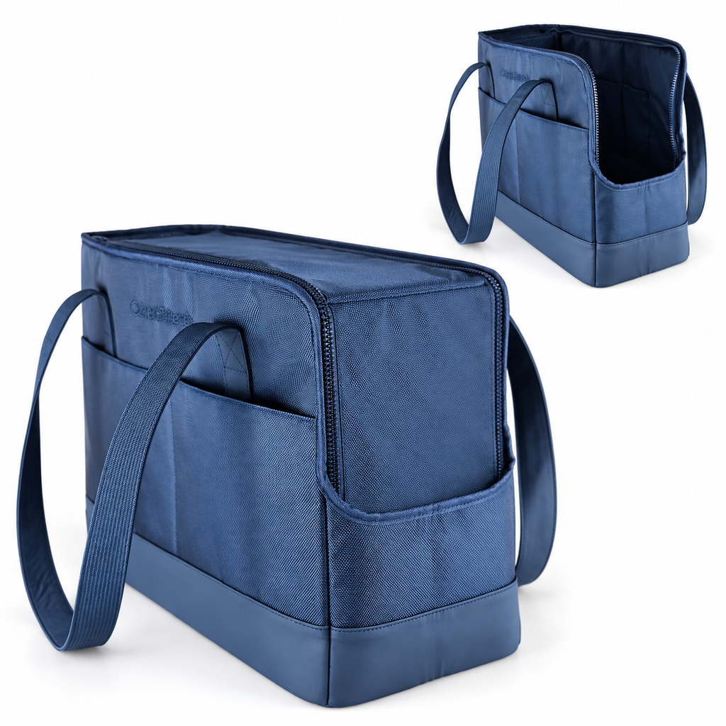navy blue upright pet tote with low open end – empty carrier detail