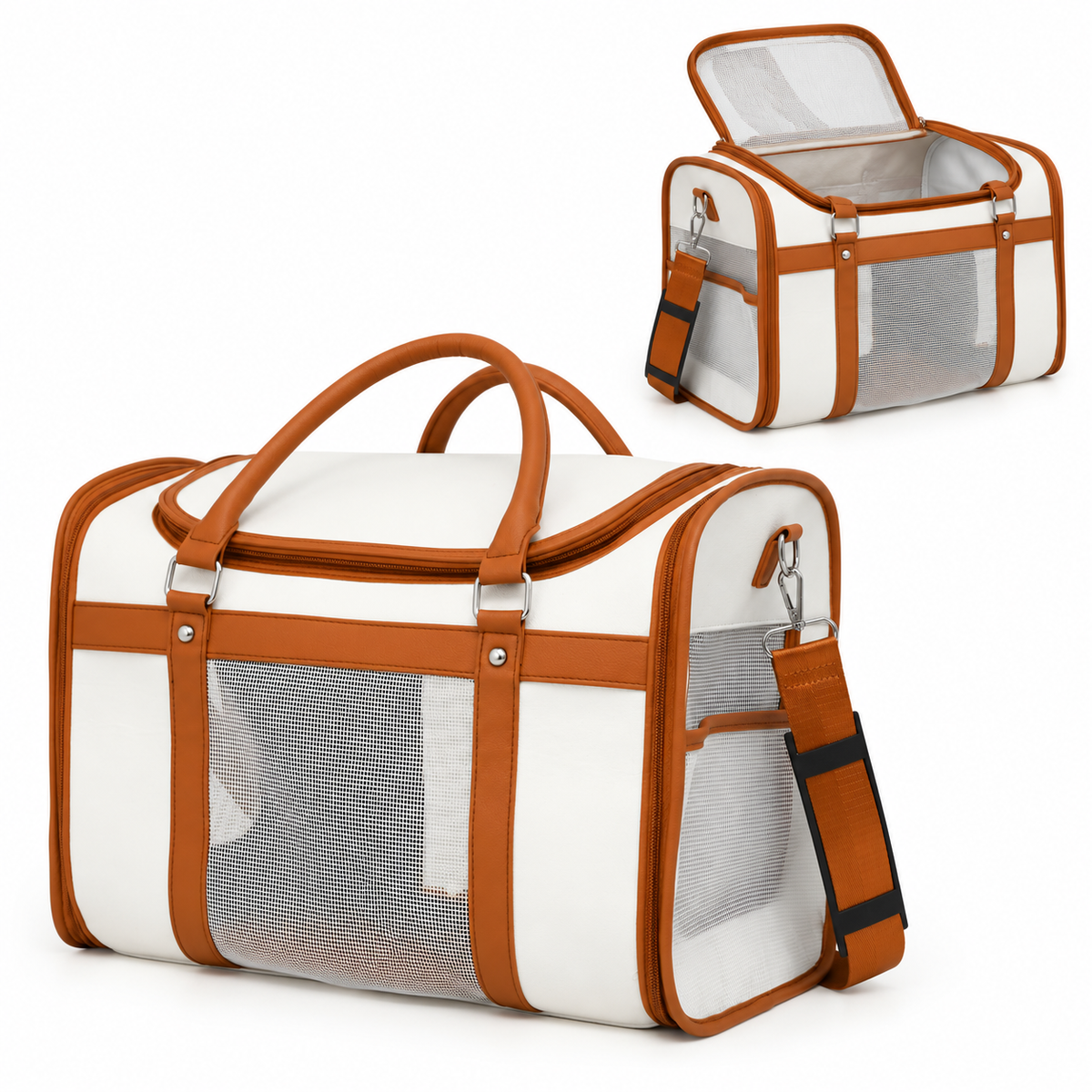 ivory white carrier with caramel trim and white mesh – product view