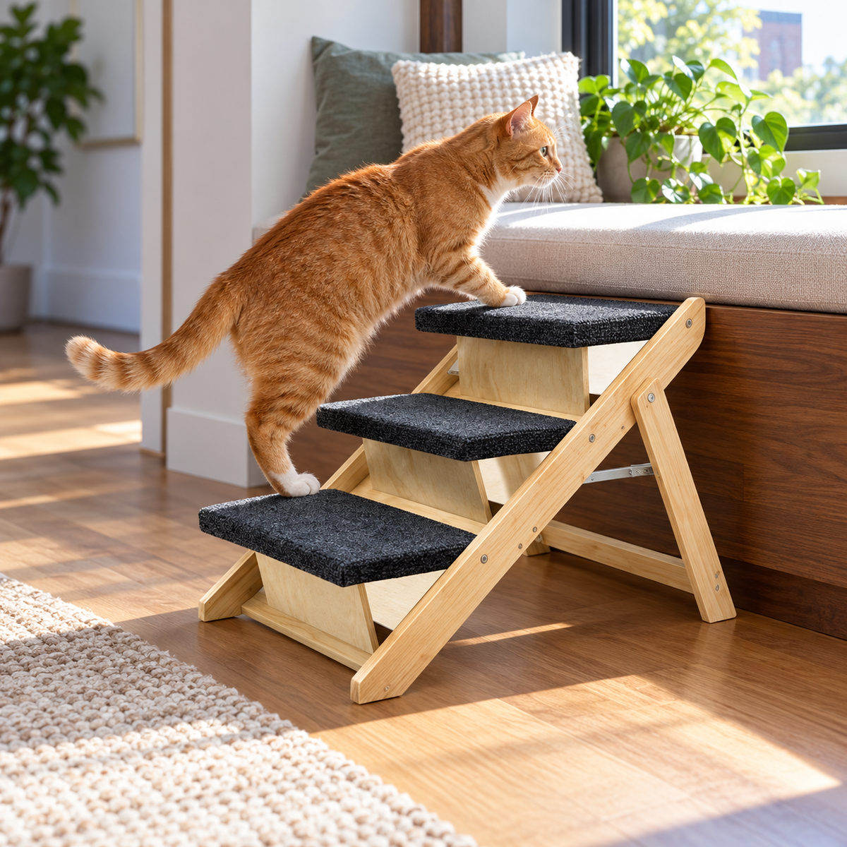 Foldable Wooden Cat Stairs & Ramp – 3 Levels — cat climbing scene
