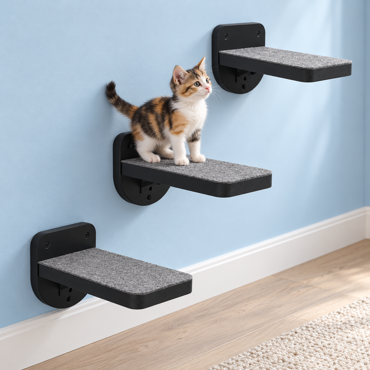 ESPETS Wooden Cat Wall Steps – Black, Set of 3 — cat climbing scene
