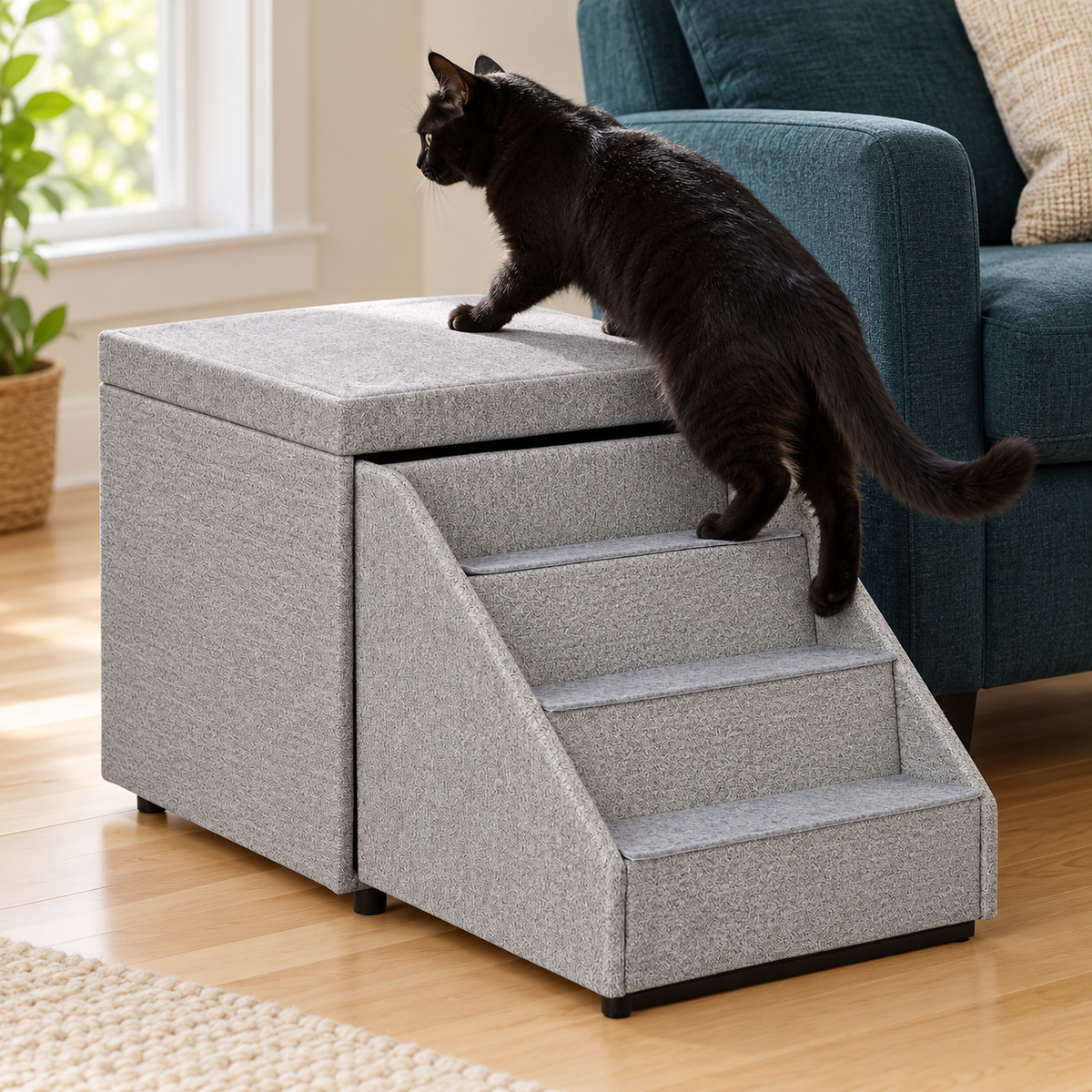 PawHut Storage Ottoman with Cat Stairs – Light Grey – cat climbing scene