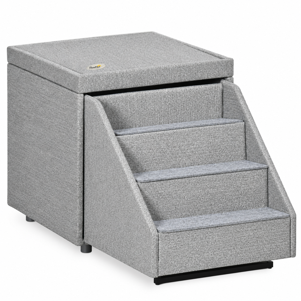 PawHut Storage Ottoman with Cat Stairs – Light Grey – product view