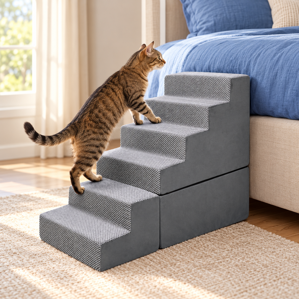 Modular Foam Cat Stairs – Grey, 6 Steps – cat using the stairs