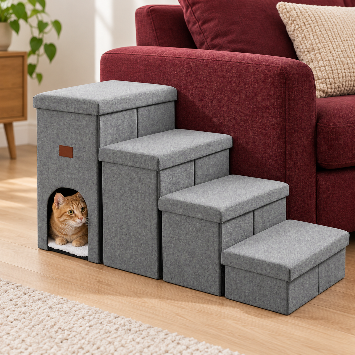 JOLLYVOGUE Storage Cat Stairs with Hideaway – 4 Steps – cat using the stairs