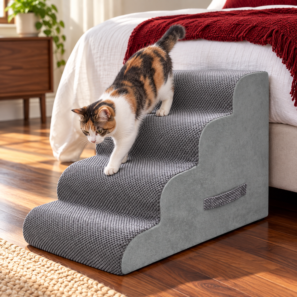 PAWSCART Rounded Foam Cat Stairs – Grey, 4 Steps – cat using the stairs