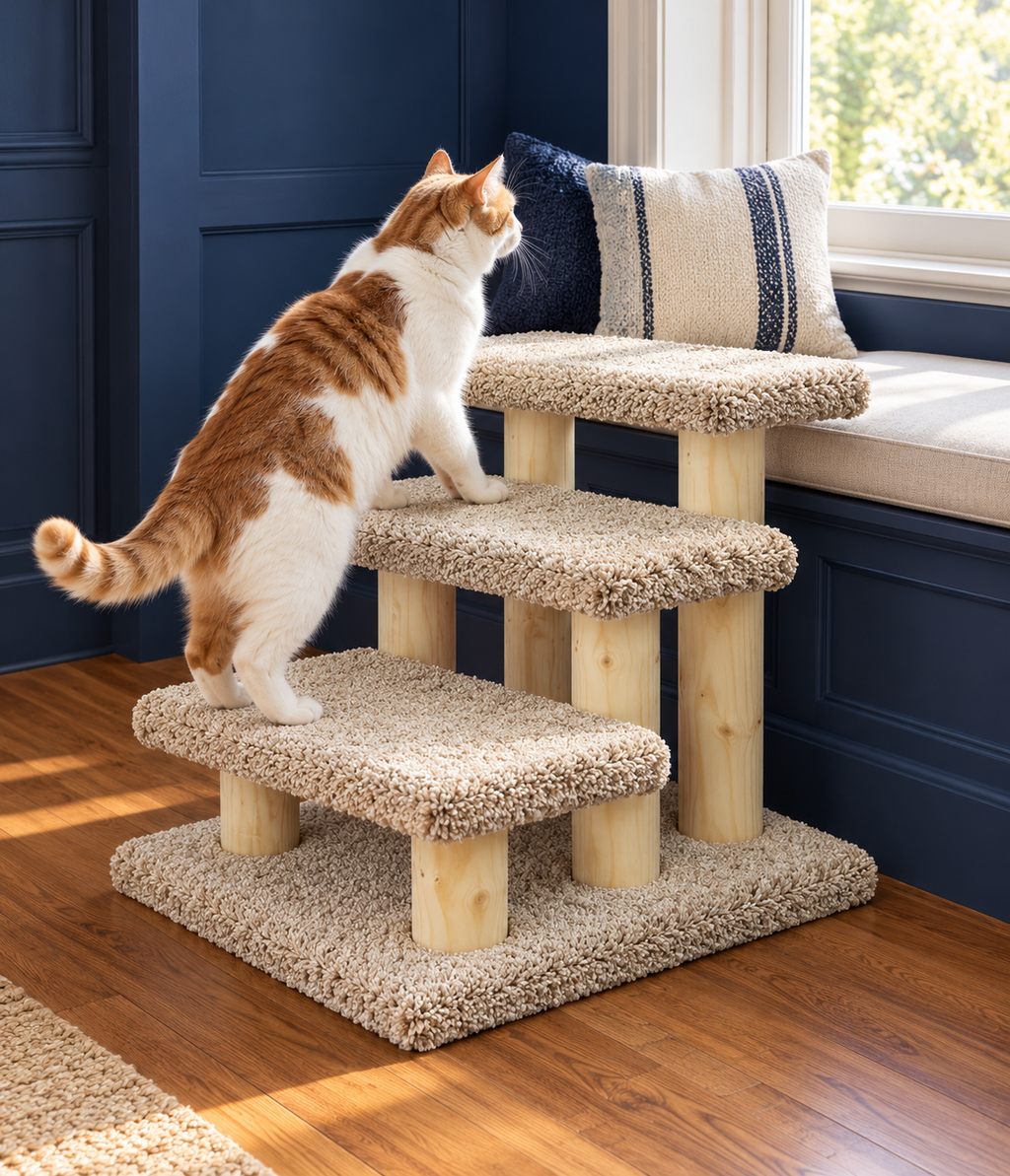 New Cat Condos Carpeted Wooden Cat Stairs – 3 Levels – cat using the product