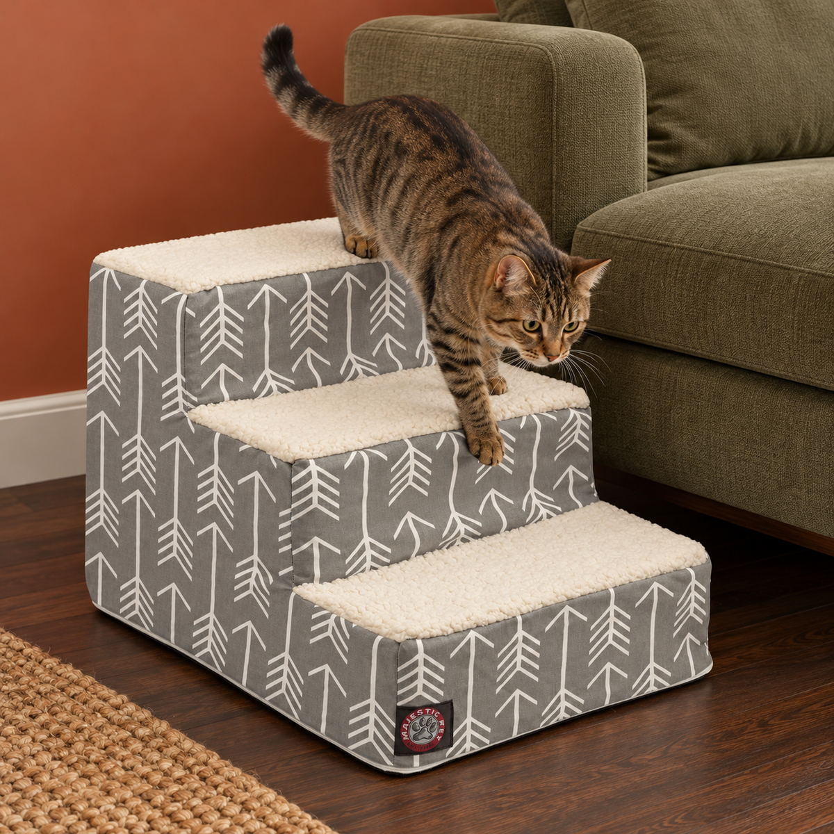Majestic Pet Sherpa Cat Stairs – Arrow Grey, 3 Steps – cat using the product