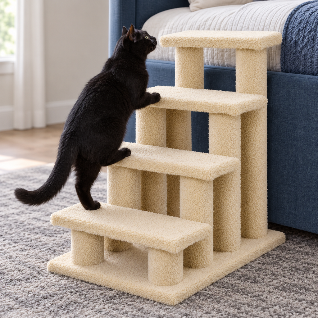 PawHut Berber-Fleece Cat Stairs – 4 Levels – cat using the product