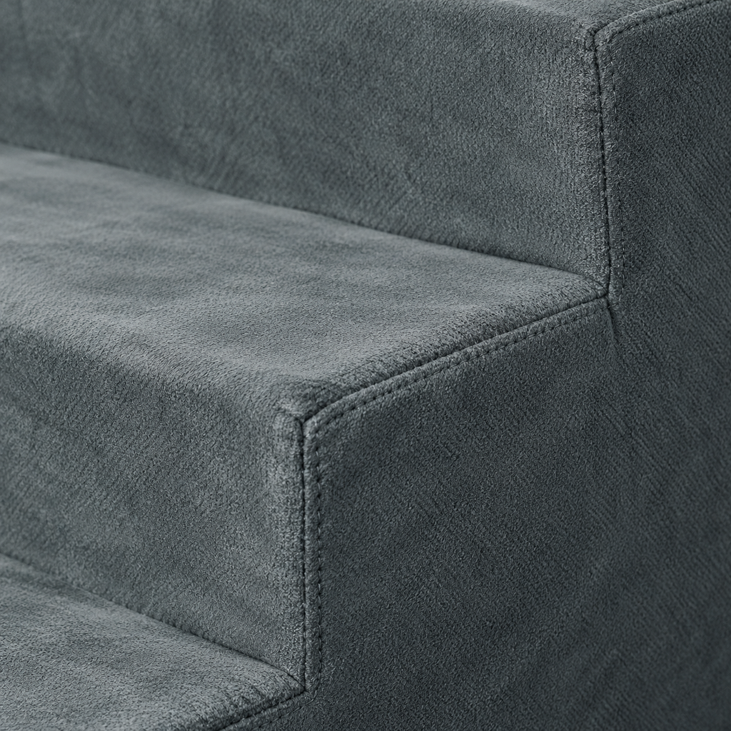 Grey microfiber cover and stitched tread edge of PETMAKER cat stairs