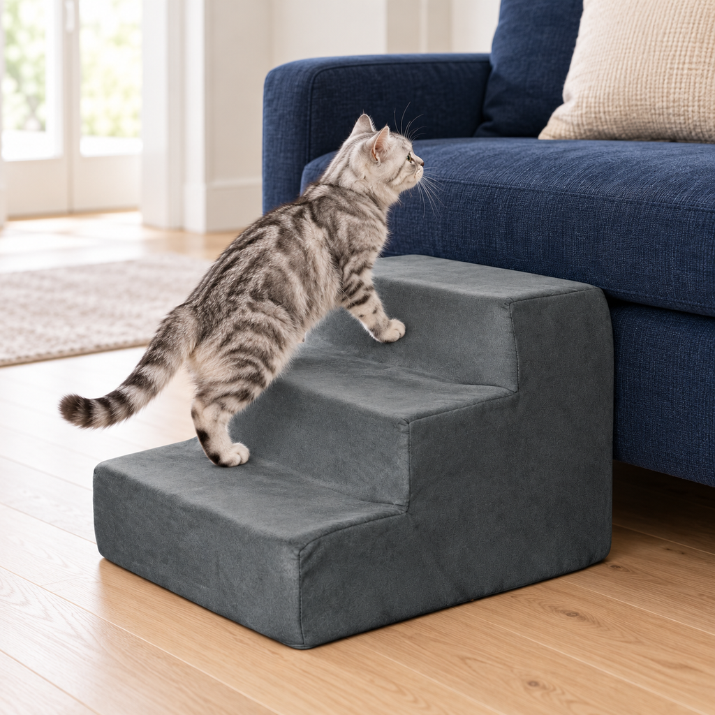 Tabby cat climbing PETMAKER grey three-step foam stairs beside a sofa