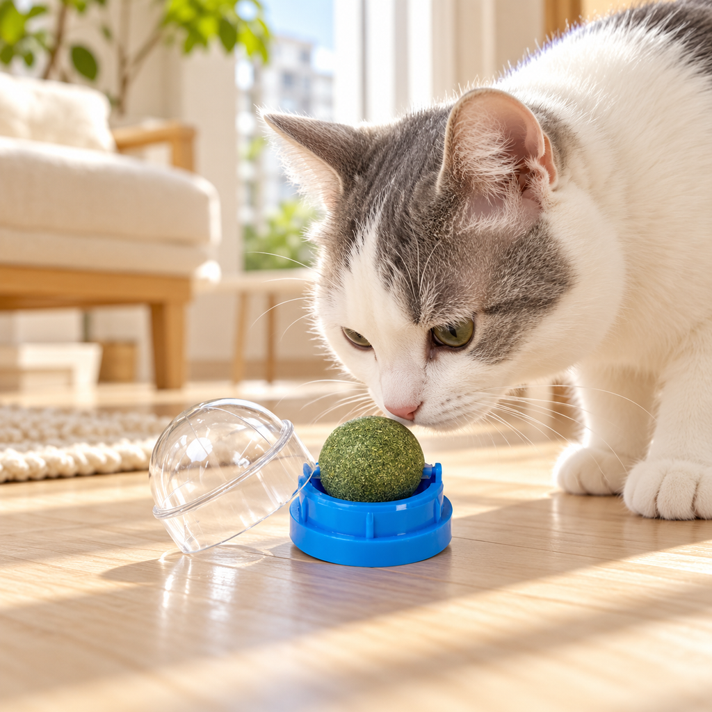 White-and-grey cat investigating blue catnip ball holder