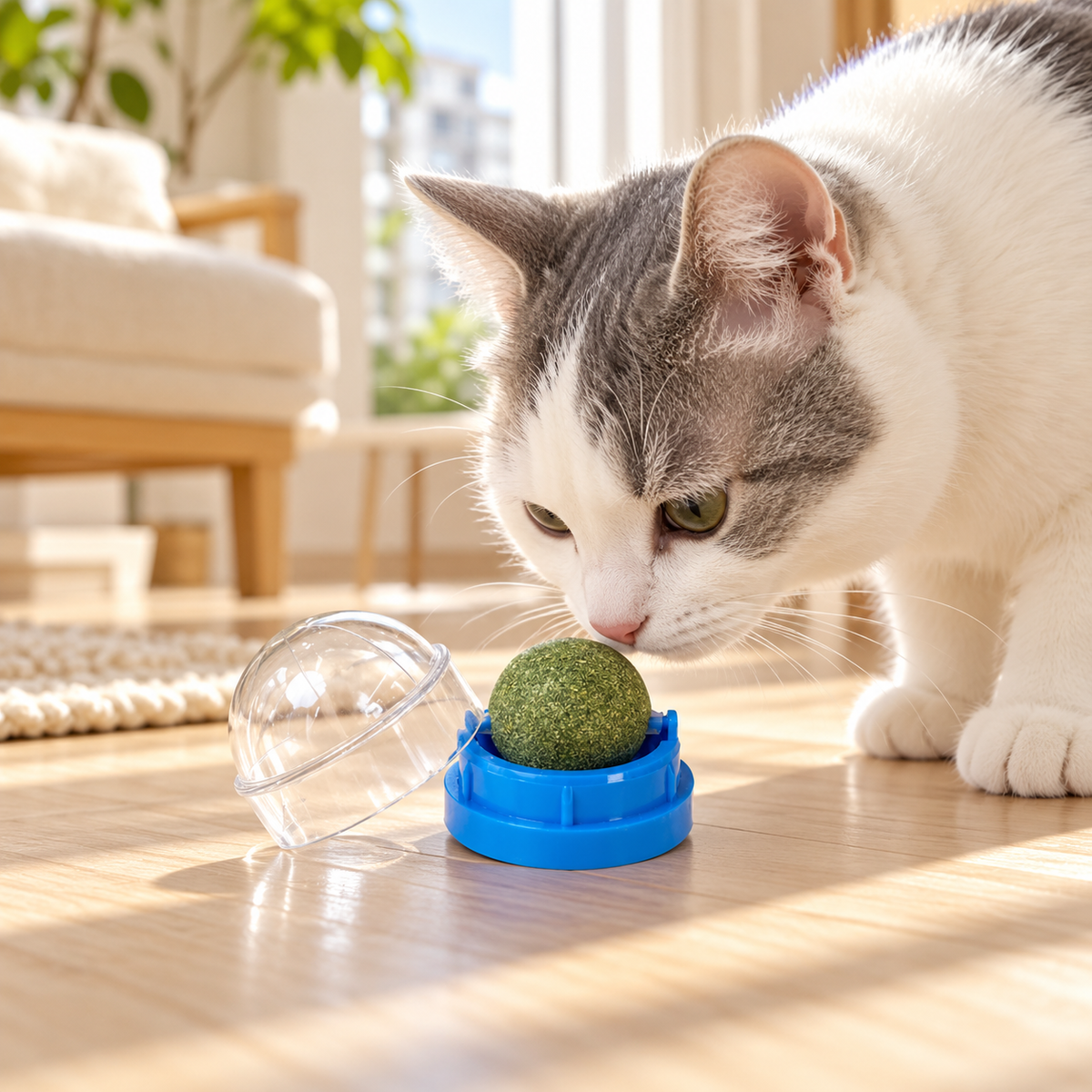 White-and-grey cat investigating blue catnip ball holder