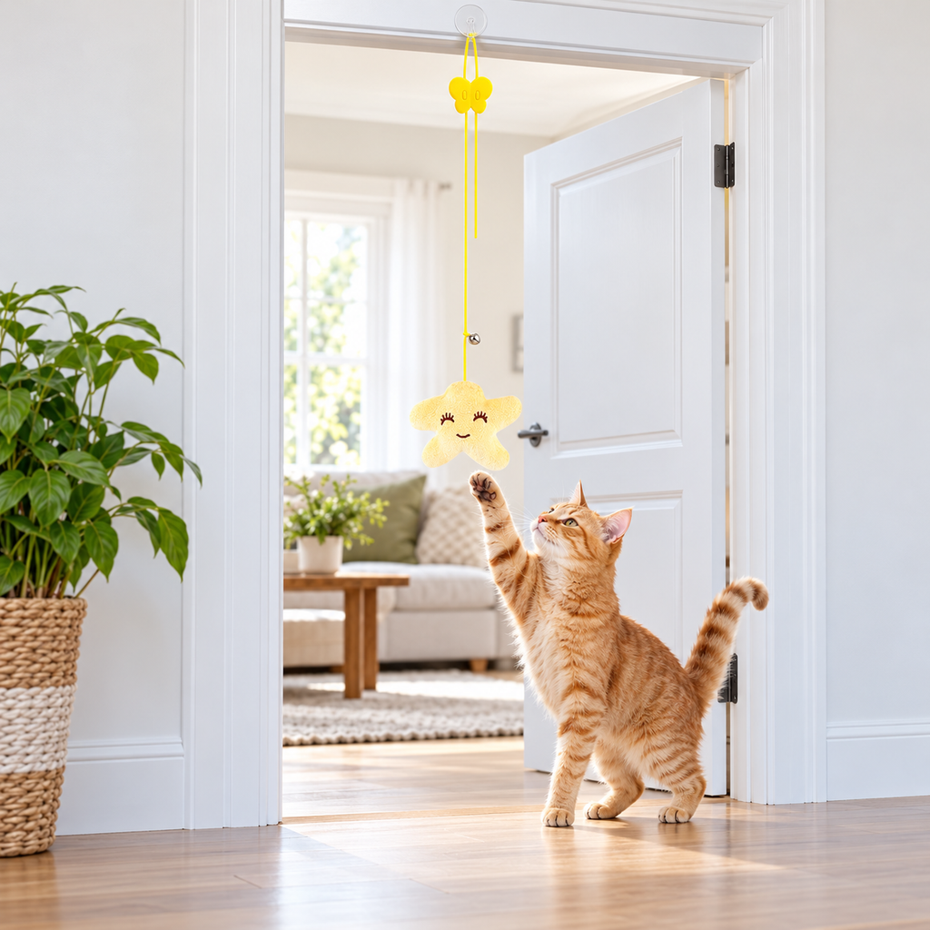 Ginger cat playing with hanging starfish teaser in a doorway