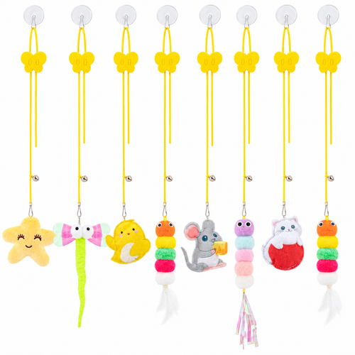 Eight adjustable hanging cat teaser toys with suction cups