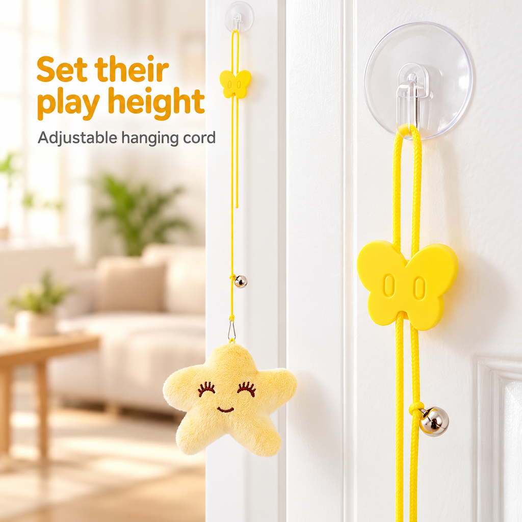 Yellow hanging cord length adjuster and clear suction cup detail
