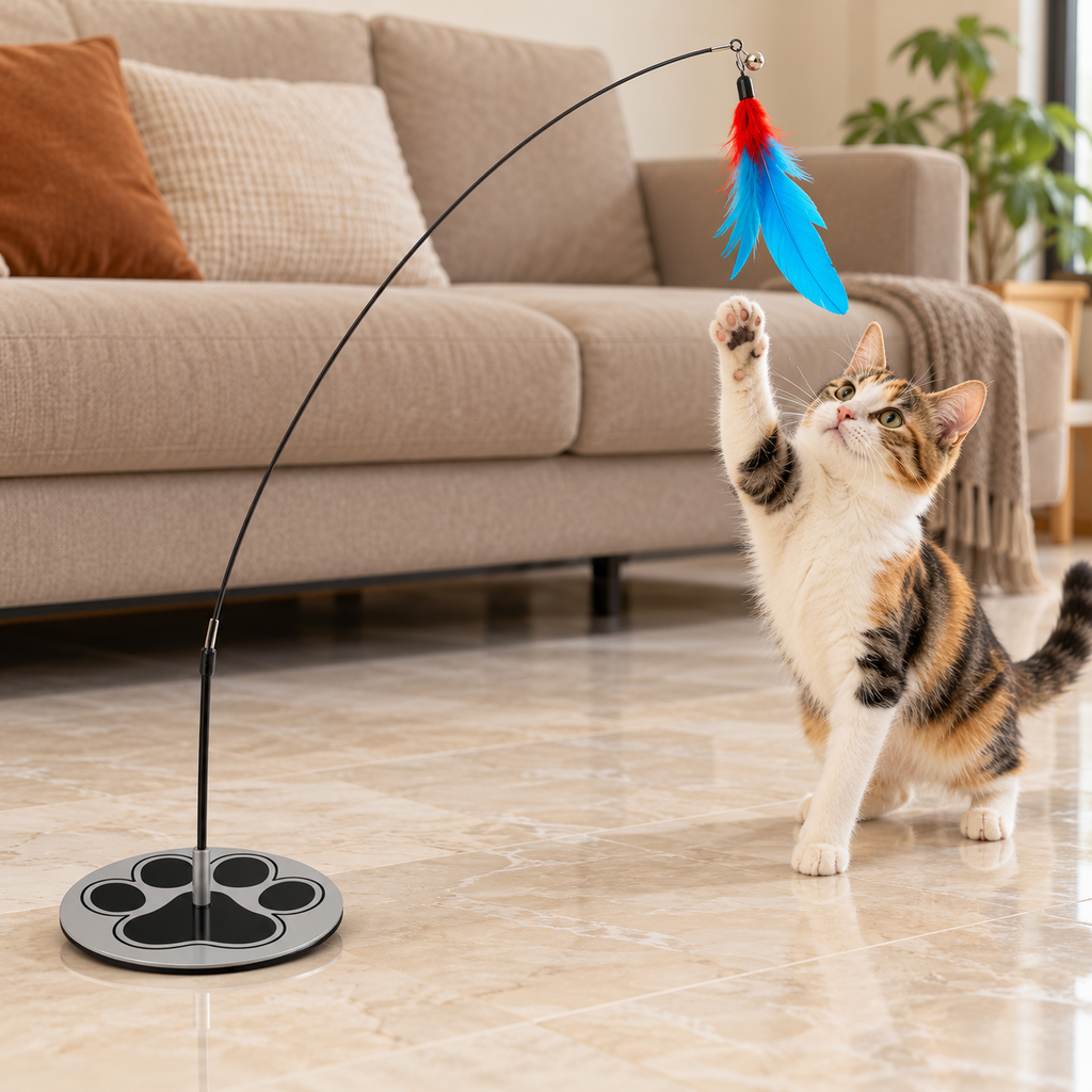 Calico cat reaching for a feather teaser on a floor base