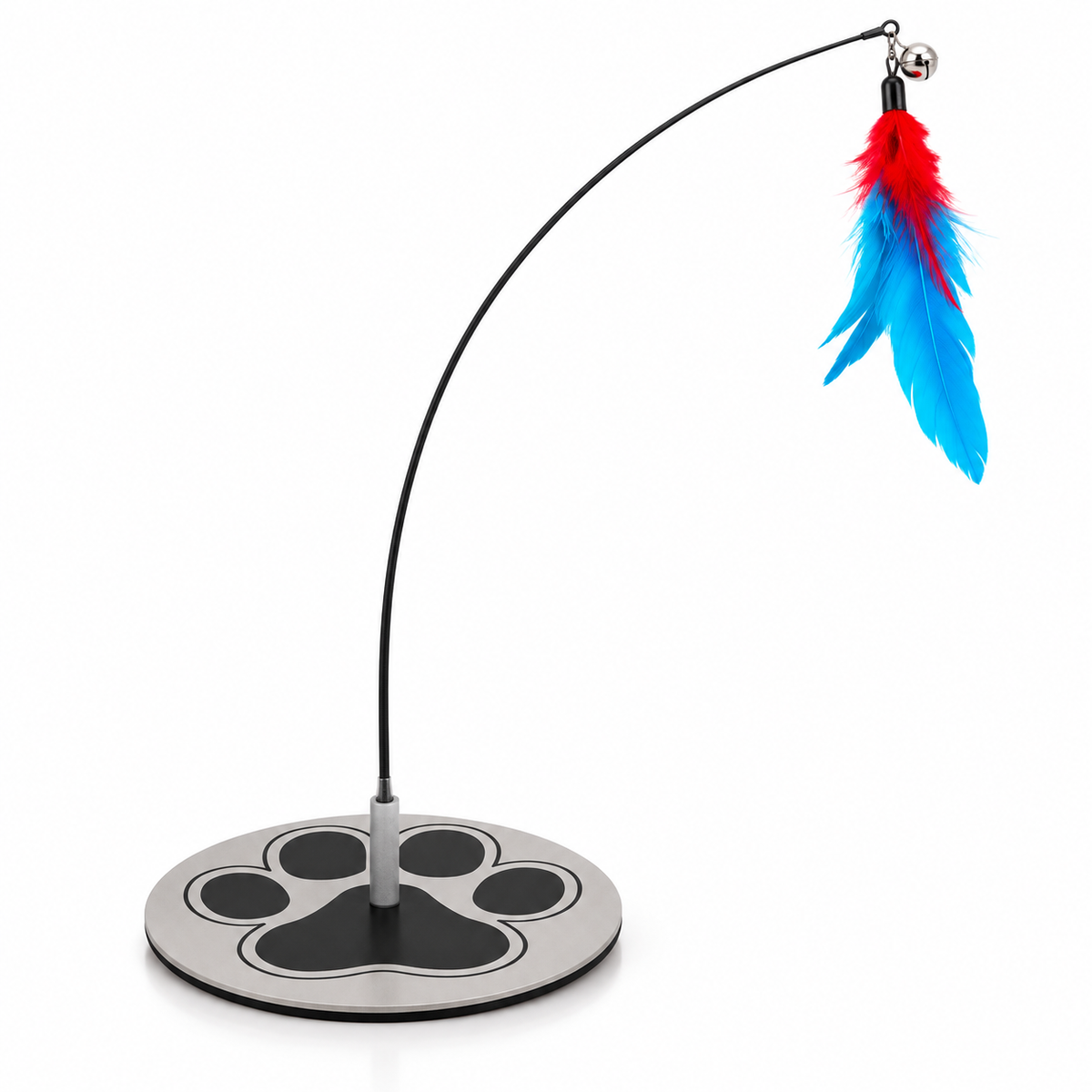 Feather cat teaser wand and paw-print floor base on white background