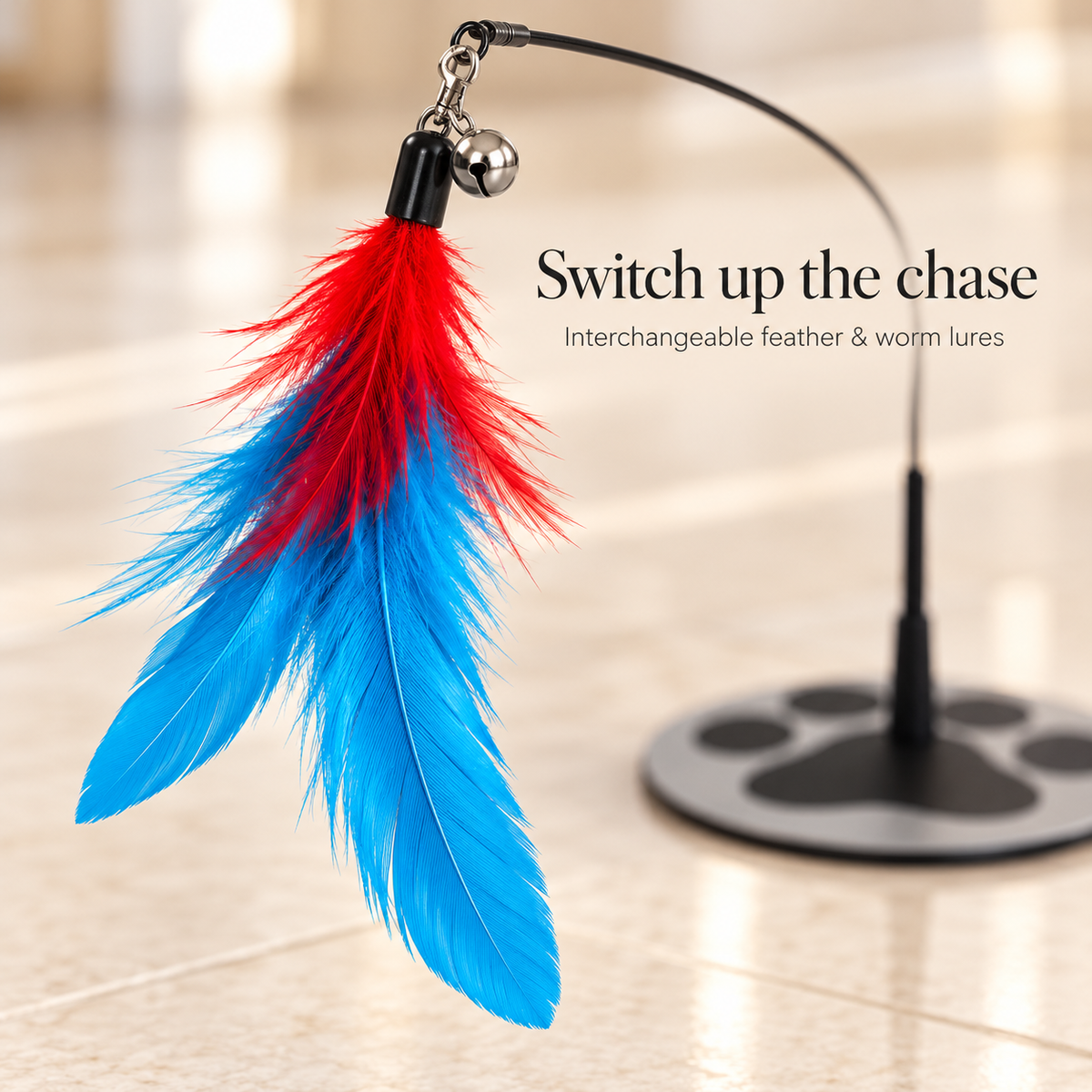 Interchangeable feather lure clip and bell detail
