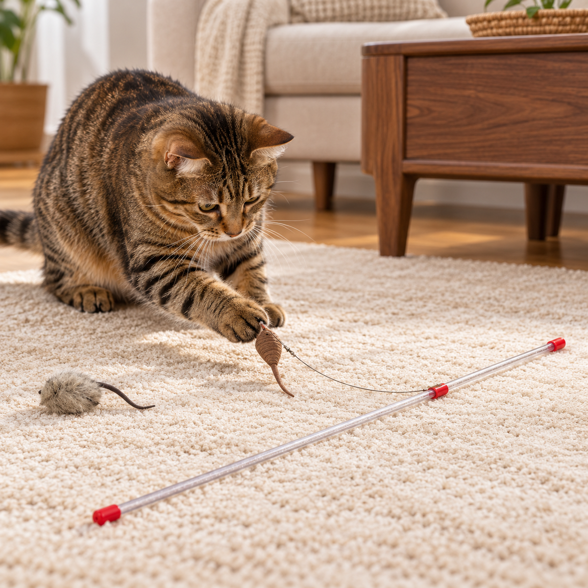 Tabby cat batting GoCat mouse lure beside teaser wand