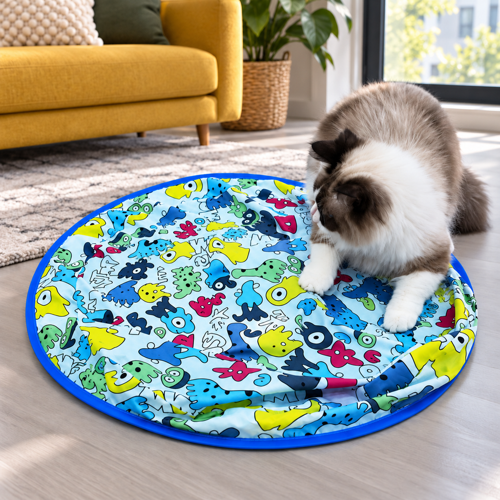 Grey-and-white cat playing with blue hide-and-seek bag in an apartment