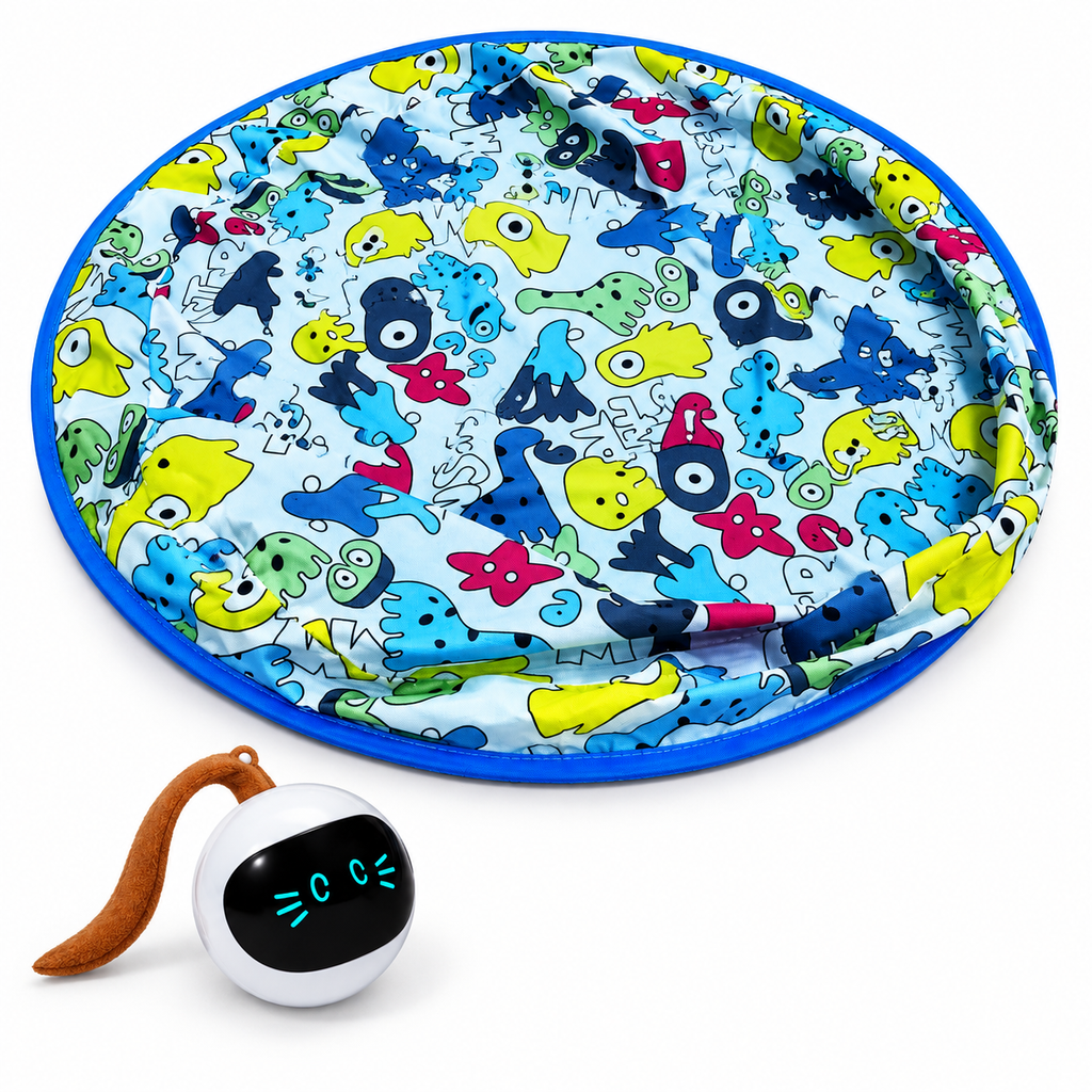 Blue printed play bag with included automatic rolling ball