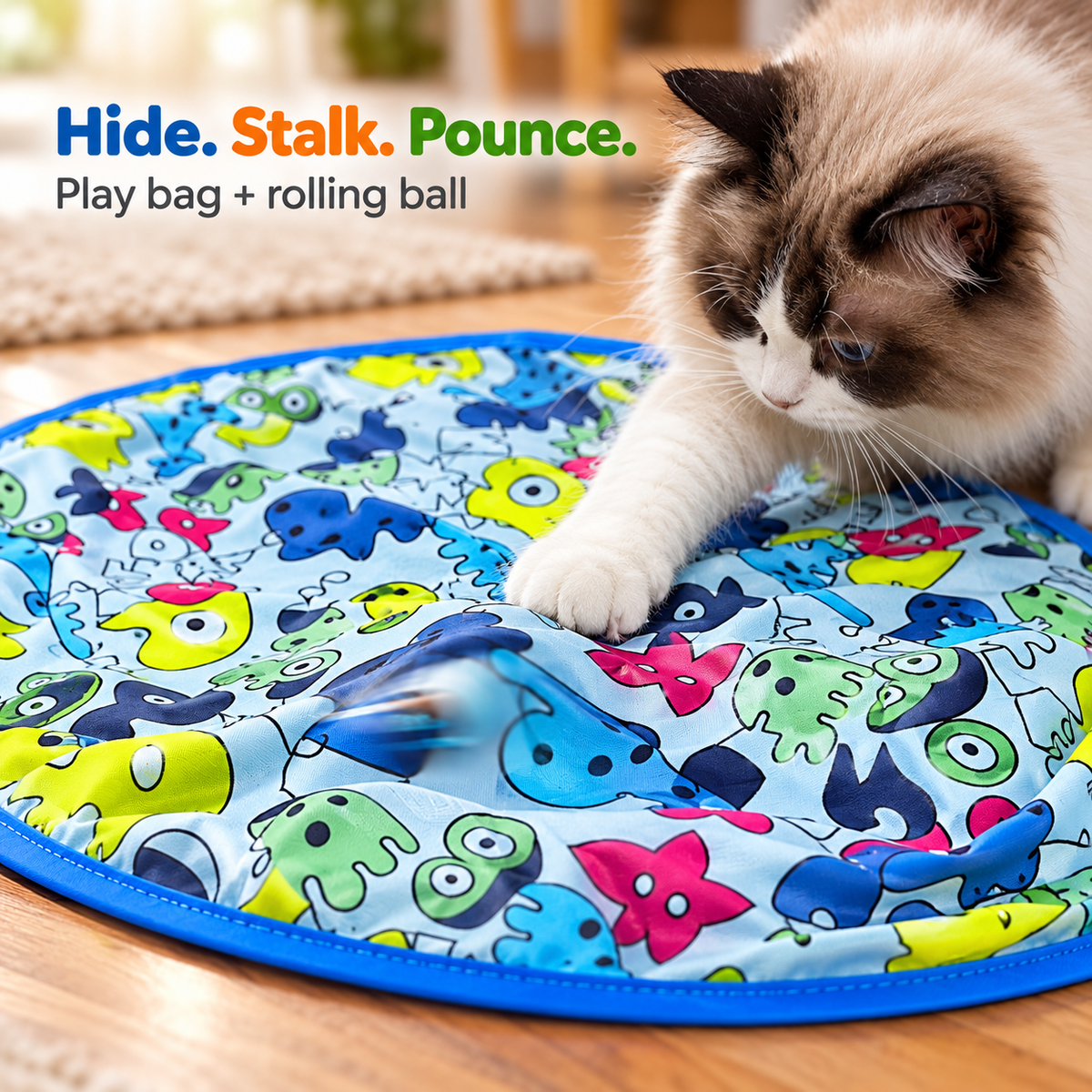 Cat paw following hidden movement beneath the play bag