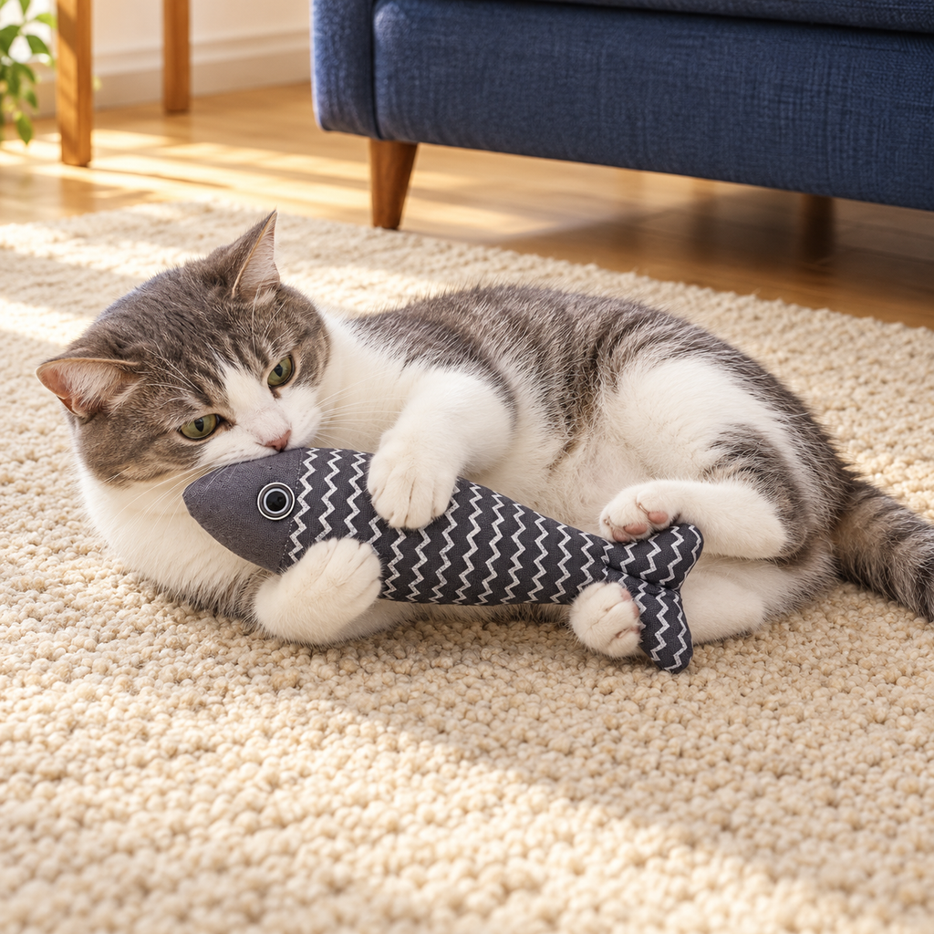 Grey-and-white cat holding a navy linen fish kicker toy